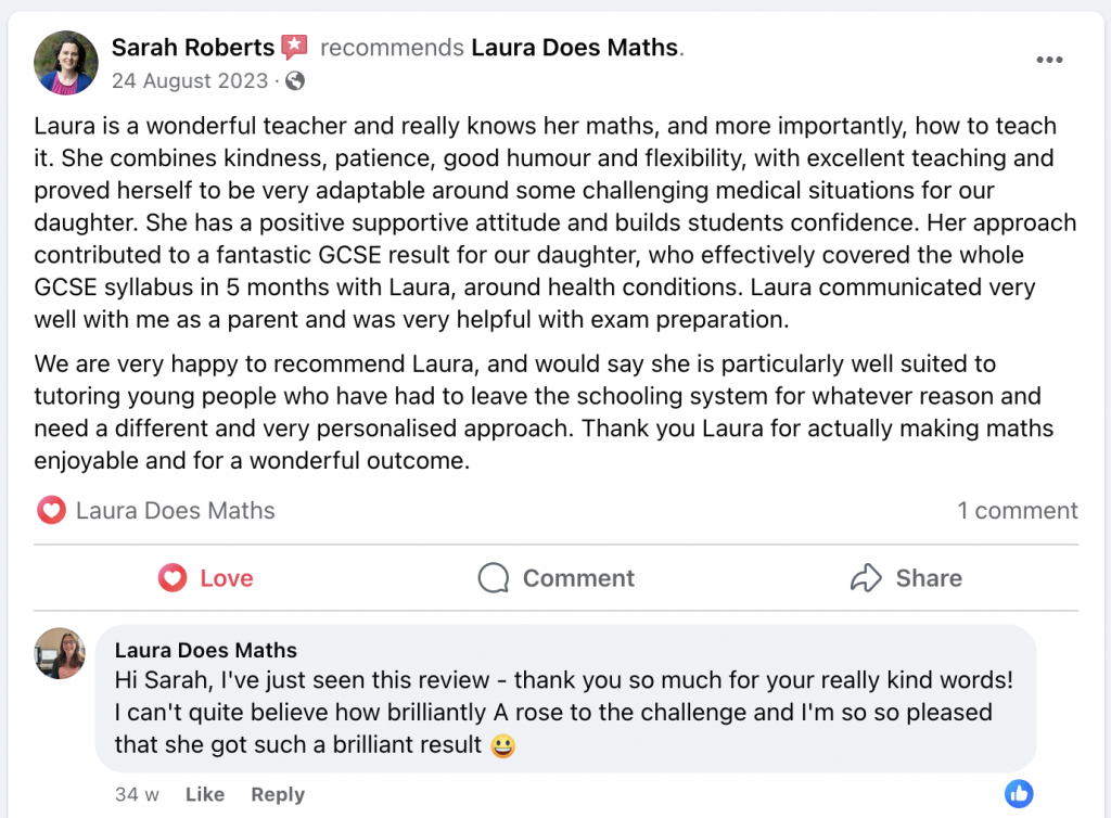 Five star Review from Sarah Roberts who's daughter's both were supported 1:1 for GCSE during their home education.